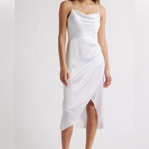 Open Edit White Satin Cowl Neck Midi Dress XXS NWT Asymmetric Hem Ruched